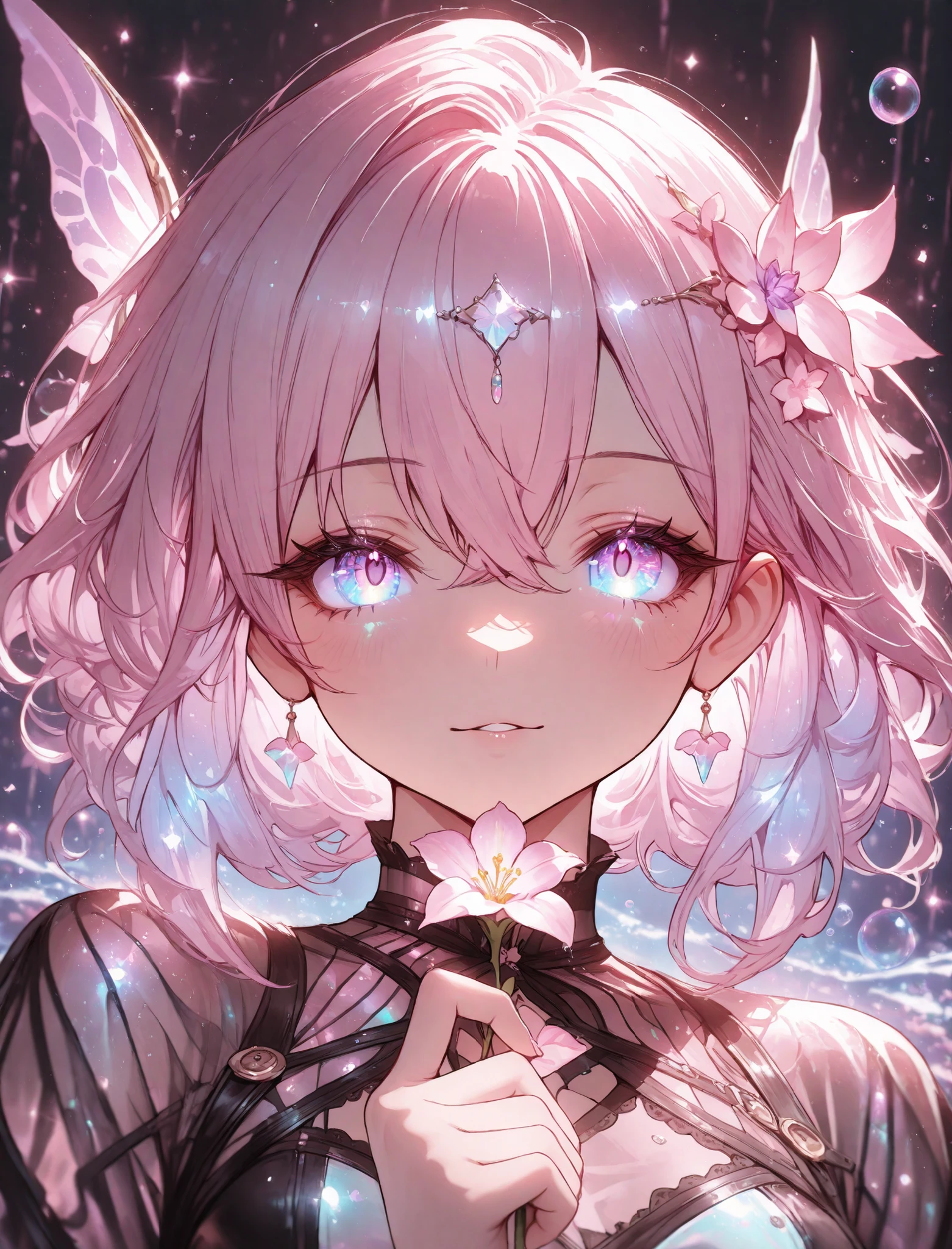 1 girl, violet eyes, light pink hair, short hair, cool, beautiful, medium breast, very cute, lovely, kawaii, 

, floating in a sea of stars, long flowing hair shimmering like moonlight, glowing galaxy eyes, wearing an ethereal translucent kimono made of constellations and nebula dust, surrounded by magical butterflies of light, soft ambient glow, bioluminescent particles, star trails swirling around her, peaceful expression, cinematic lighting, dreamy color palette, ultra-detailed face and hair, masterpiece, 8k, artstation, beautiful face, beautiful eyes, beautiful hair, best quality, look at viewers, (floral tiara), ((blooming flowers)), ultra detailed, perfect light, , purple world, misty, bubble, fantasy, transparent jewel, transparent crystal, light, glow, shine, shining, holding flower, dynamic pose, dynamic shot