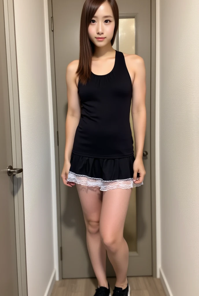 Neat and clean high school girl、(school uniform、Sailor suit、Ribbon tied on chest、Summer clothes、The upper body is white、The skirt is navy blue)、Outside the stadium、(slim)、Realistic、detailed, Skin Texture, 超detailed、Delicate and sexy collarbone、A sloppy smile、スーバーdetailedな顔、detailed唇、detailedな目、Small breasts、Small breasts、、Small breasts、Flat Chest、Emphasize the chest、Bright Face、((Are standing、Her white panties are visible under her skirt、Lift the hem of your skirt slightly with both hands.,,))((Naked and wearing only a white apron、Naked sexy white apron))、Short hair with bangs、Straight Bob Hair、、Angle from above、12 years old