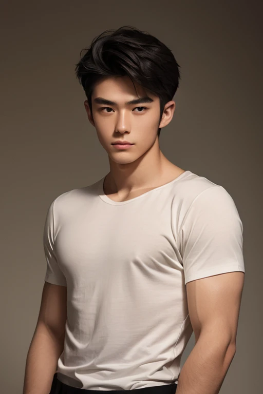 White skin asian Chinese man, thin nose, thin lips, blue eyes, brown long hair, black deer horn on his head, jock putfit, young handsome face, best quality,masterpiece,Ultra high detail,A handsome muscular man, completely black deer horn on his head, topless, black micro thong, with black cloth, black transparent cloth on his deer horn, realistic,Grey background, full length shot , hips , thighs