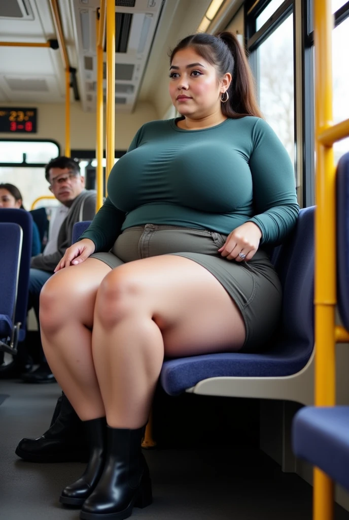 An train passenger photo of a Beautiful ginger SSBBW, with long wavy ginger hair, with big soft fat belly, thicc fat arms, thicc wide legs, big breast, in a cute green top tucked in her pants, and black pants, sitting in a train seat, travelling in a train