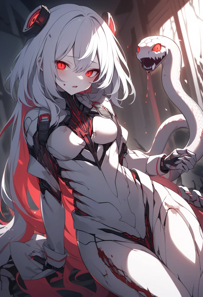 ((True best masterpiece, Ultimately perfect quality, Extremely delicate details)), ((Grotesque, Fleshy, Parasitism)), ((Wounds, Lacerations, Cysts, Tumors, Organs, Spines, Nodes, Mucus, Claws)), A slander girl, With small bust, With light gray hair, Wears worn out fabric, Was parasitized
