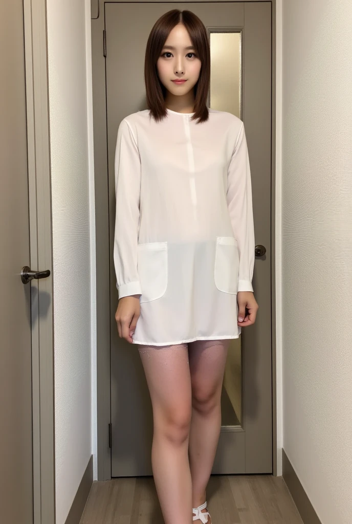 (masterpiece, Highest quality, Realistic, photo-Realistic:1.2), 8k, 超High resolution, High resolution, Ultra high definition, Very detailed, (Portraiture, Front view, View from below), alone, One girl, Japanese actress, Large Breasts, Fine skin, Pale skin, (At work, Stand with hands on hips:1.4), (Fabric texture, Polo shirt, suit, slacks:1.2),  , (erase, erection, Penis exposed, The penis fell out, Pants zipper fully open:1.5),  
