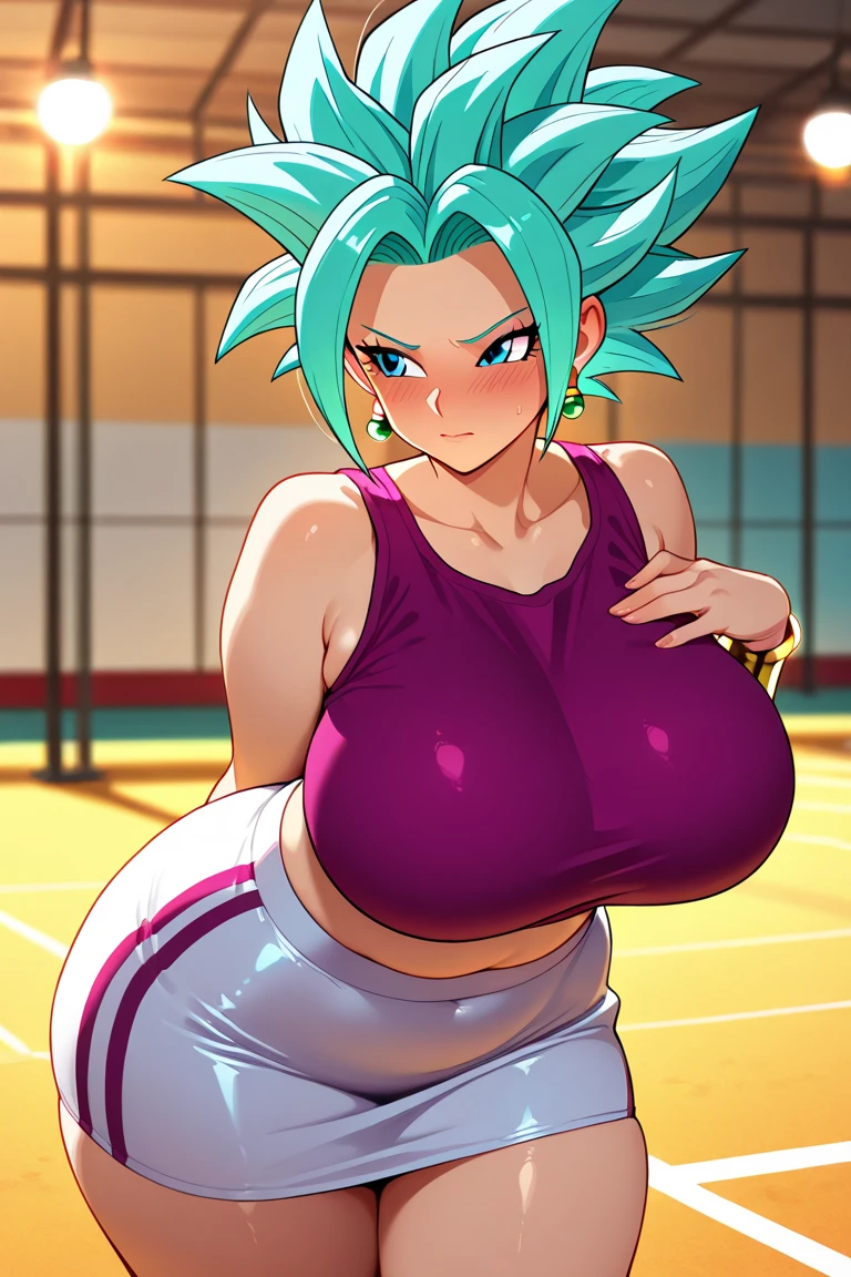 tennis girl's massive nipples out of topless vest out bare and wet pants spreading her legs, gloved hands hidden behind head, blindfold
