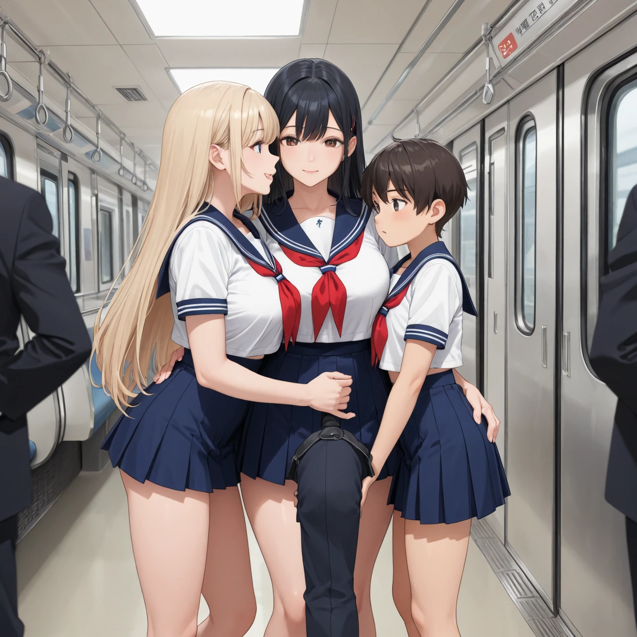 Get to grips, ,
High school girl grabbed by the on the train,
, pleated skirt,
Beautiful One Girl,
3 men,
(molestation),
Man grabbing girl's ass on tn,
Man grabbing girl's chest on train,sex,score_9ore_8_up,score_7_up, best quality, masterpiece