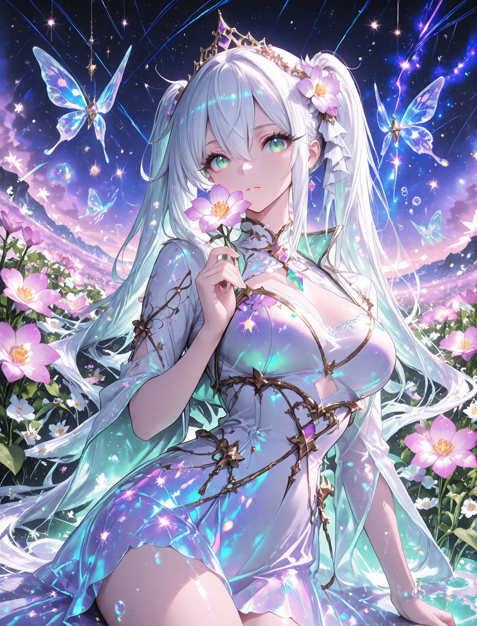 1girl, green eyes, white eyelashes, white hair, long hair, hair between eyes, large breasts, curvy, beautiful, sexy, cool, confident, twintails, curly twintails
, floating in a sea of stars, long flowing hair shimmering like moonlight, glowing galaxy eyes, wearing an ethereal translucent kimono made of constellations and nebula dust, surrounded by magical butterflies of light, soft ambient glow, bioluminescent particles, star trails swirling around her, peaceful expression, cinematic lighting, dreamy color palette, ultra-detailed face and hair, masterpiece, 8k, artstation, beautiful face, beautiful eyes, beautiful hair, best quality, look at viewers, (floral tiara), ((blooming flowers)), ultra detailed, perfect light, , purple world, misty, bubble, fantasy, transparent jewel, transparent crystal, light, glow, shine, shining, holding flower, dynamic pose, dynamic shot