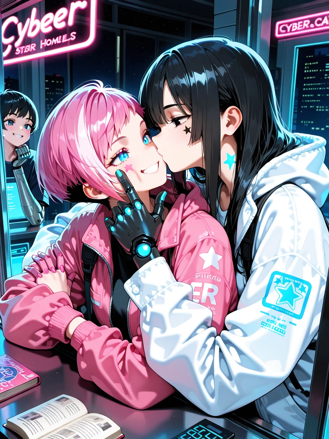 Two punkrock girl kissing in a dark room, only lights is a green neon, kiss, kissing
