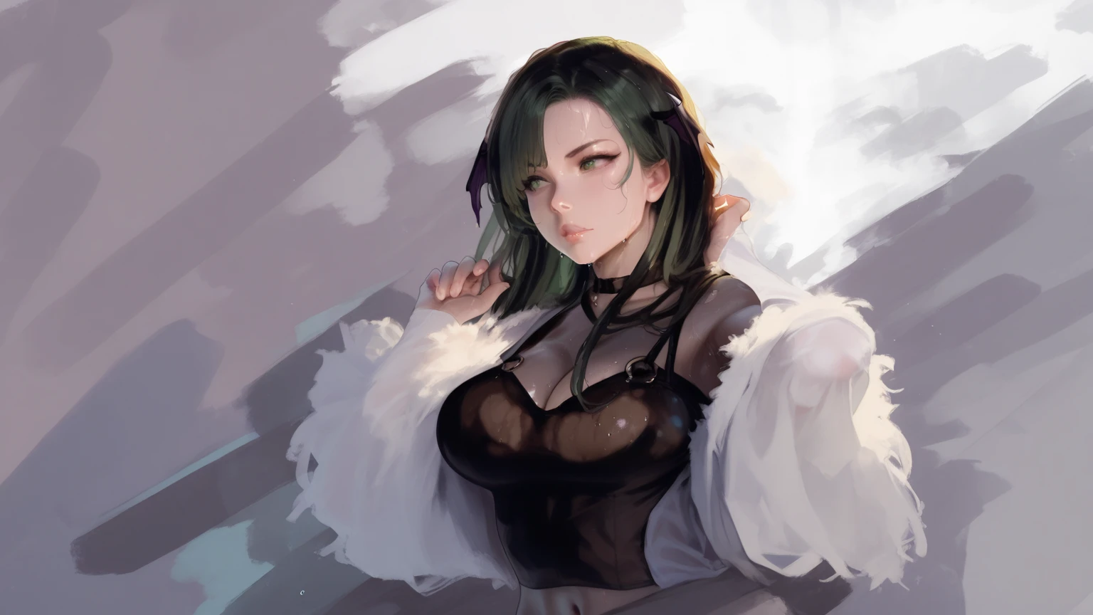 score_9, score_8_up, score_7_up, score_6_up, uncensored, Yor Briar, black hair, earrings, white hairband, hairband, long hair, sidelocks, red eyes, naughty face, shiny skin, sweating, steaming body, heavy breathing, BREAK (masterpiece:1.2), best quality, high resolution, unity 8k wallpaper, (illustration:0.8), (detailed eyes:1.3), extremely detailed face, perfect lighting, extremely detailed CG, (perfect hands, perfect anatomy), looking at viewer, 1girl, flower, breasts, paper, large_breasts, navel, white_flower, hand_on_hip, solo, bare_shoulders, parted_lips, thigh_gap, index_finger_raised, blue_background, rose, sleeveless, looking_at_viewer