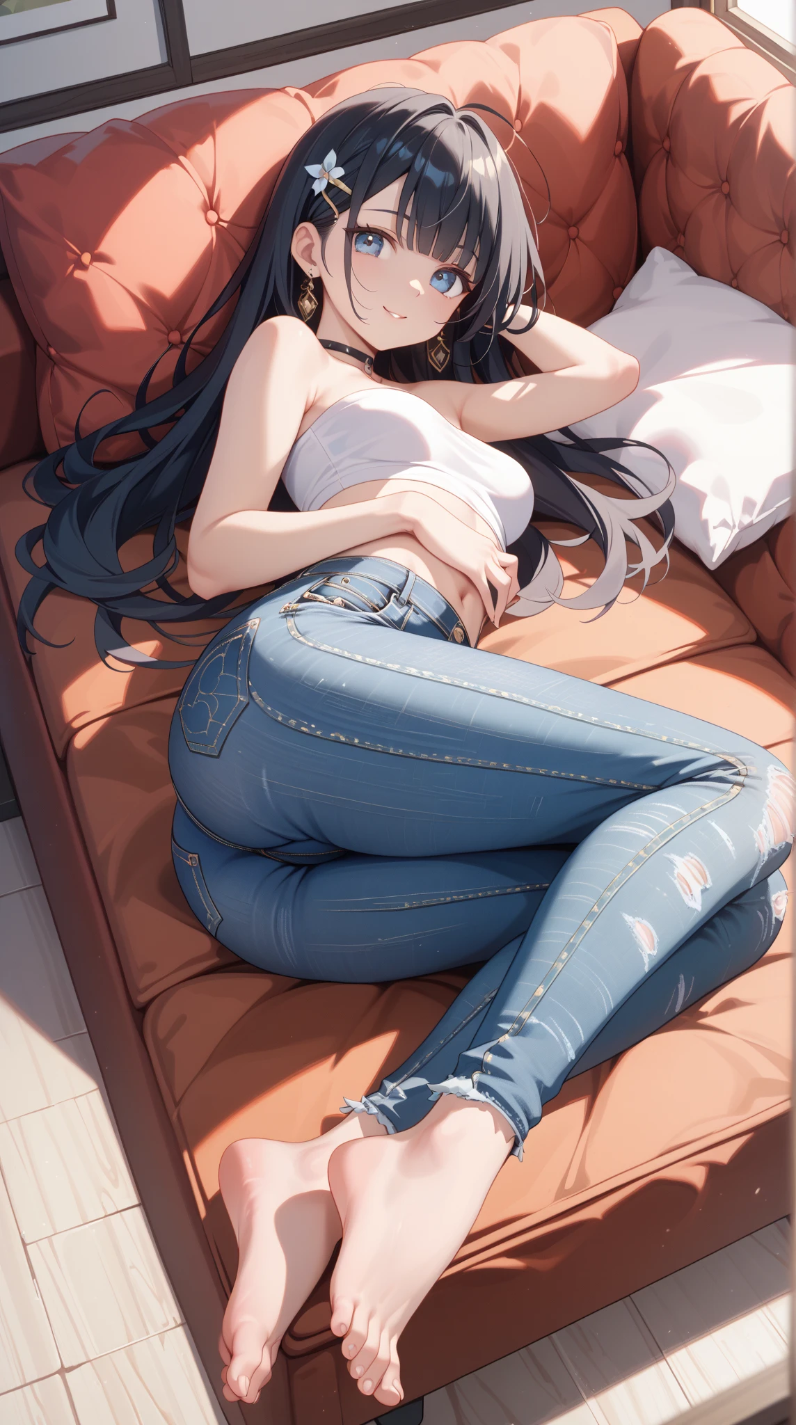 detailed face, adult woman, black hair, girl, shy girl, very shy girl, white skin, long hair, white t-shirt, tight jeans pants blue, jeans pants light blue, on room, open lag, lying bed, sexy, lying open legs