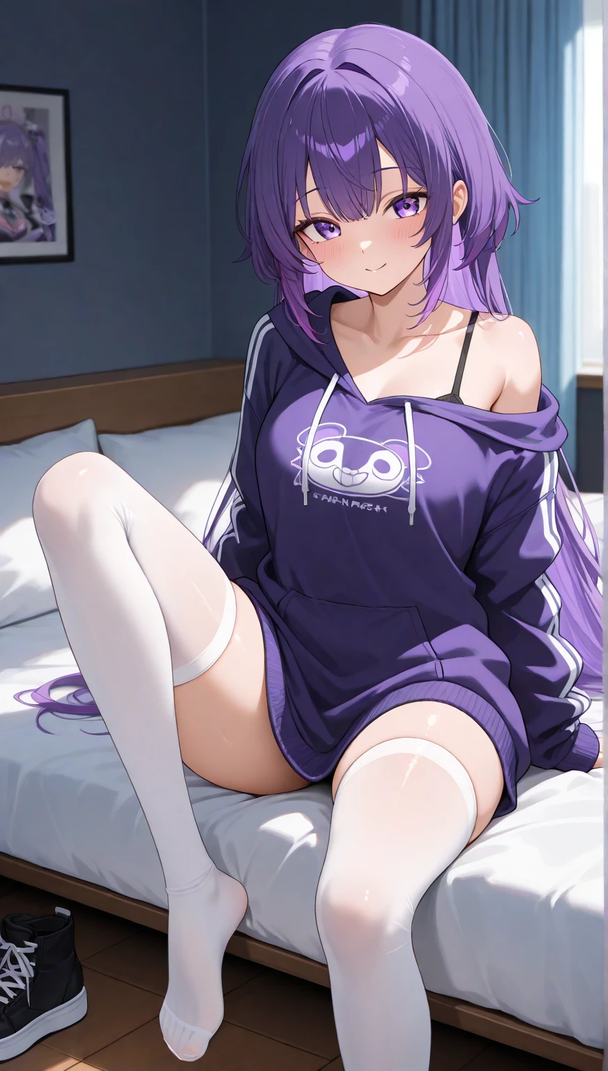 masterpiece, high quality, 8k, solo, one girl, perfect face, large breasts, thighs, raiden_shogun_genshin, long hair, purple hair, purple eyes, extreme detail eyes, dark grey hoodie, black pants, lying, lying on bed, sleepy expression,