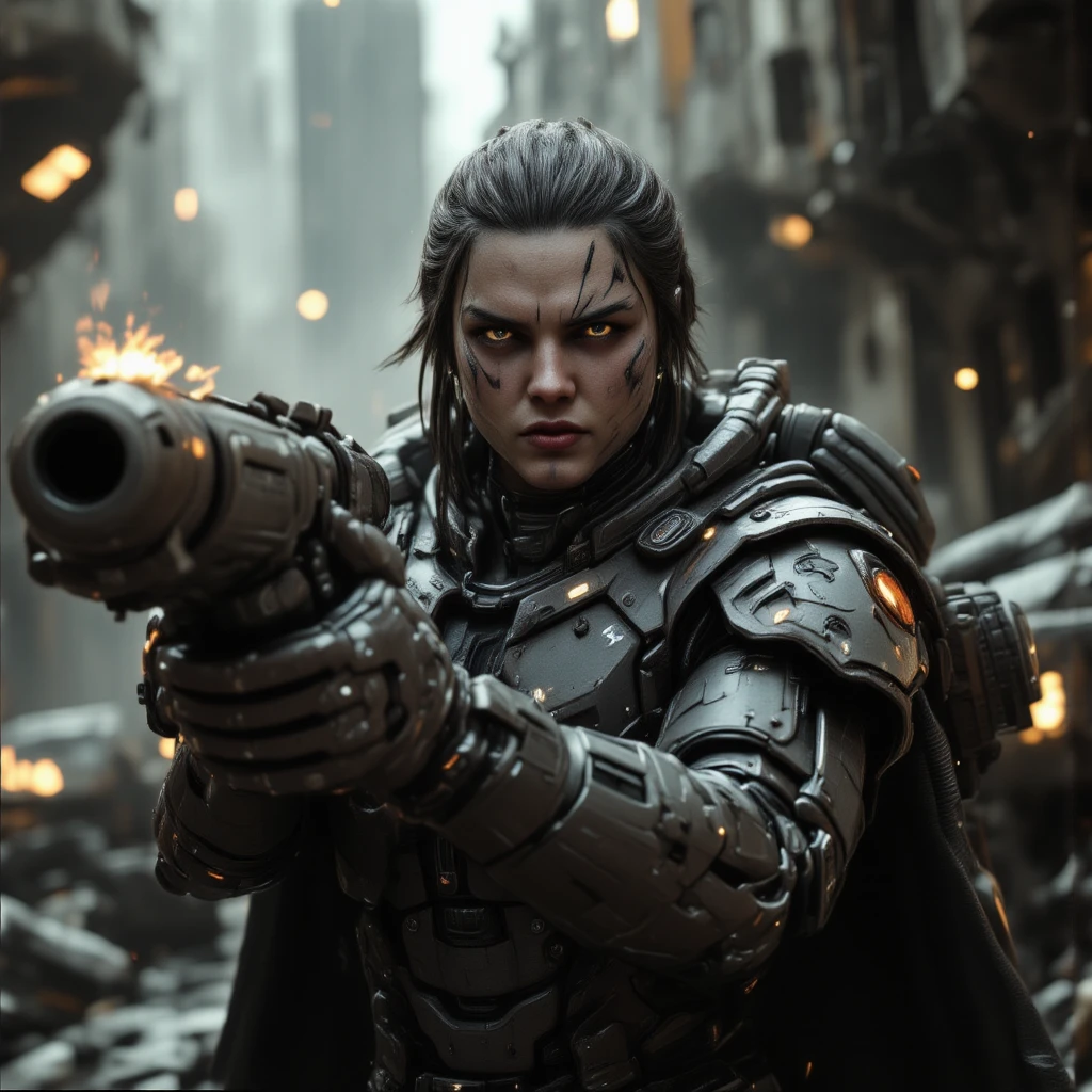 arafed image of a woman with a face full of blood and a man in a suit behind her, still frame from prometheus, in style of luis royo, mechanized soldier girl, by Marek Okon, artificial intelligence logo, miners, grey armor, wet make - up, sexy movie photo, icon for an ai app, portrait of a female ranger