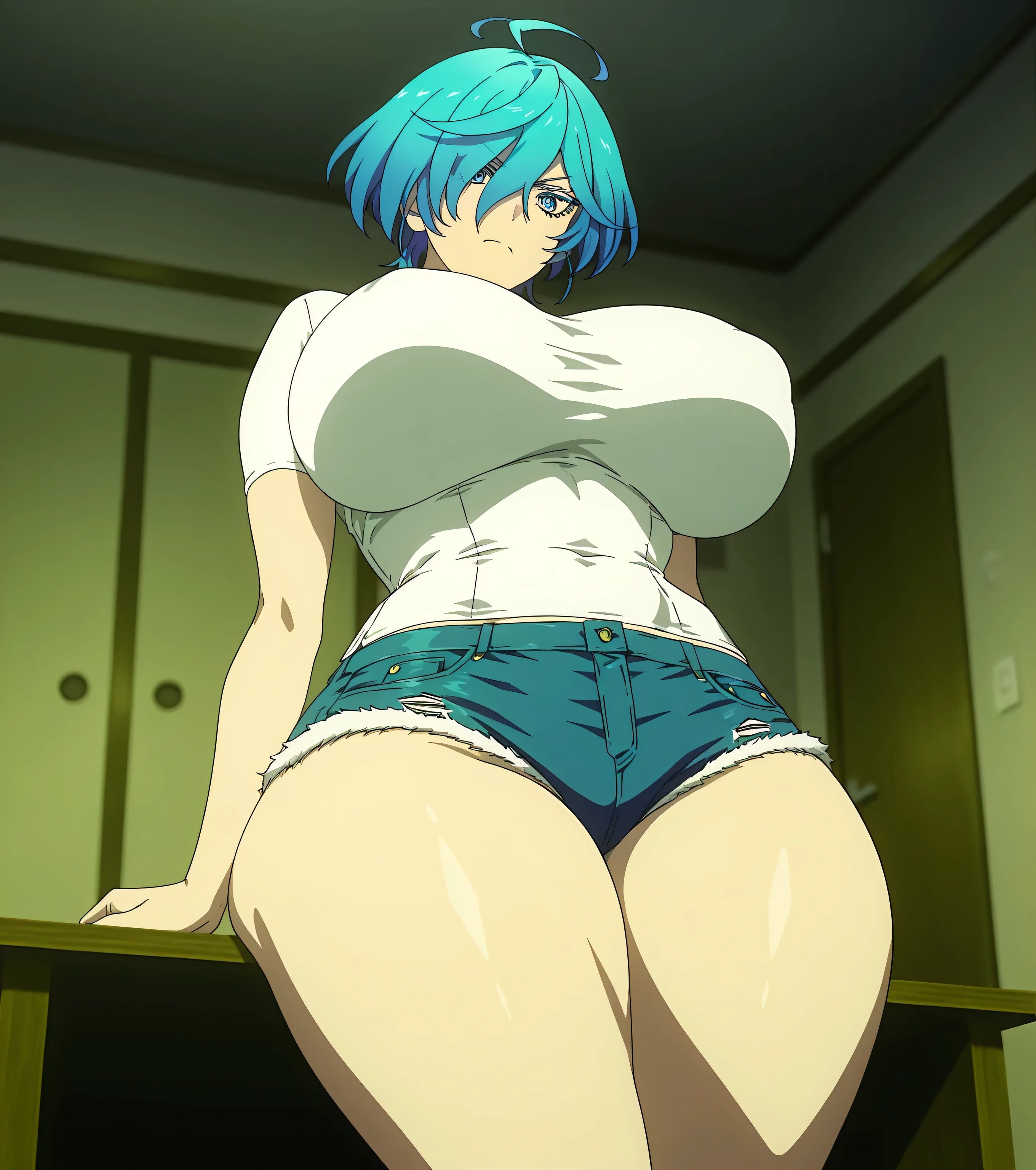 1girl, solo, green hair, short hair, green eyes, from below, yellow dress, Squat on the floor, Opening legs, Show your crotch to the camera, arms behind back, skirt, (panties), pussy line, pink bra, huge breasts, white thighhighs, smile, bed, bedroom, absurdres,