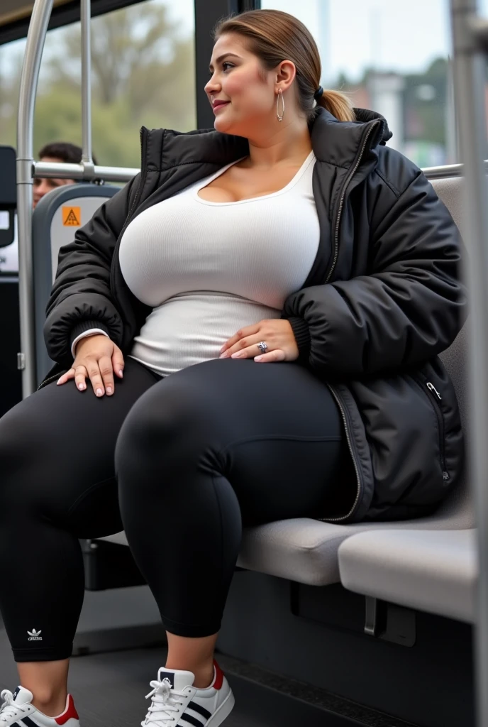 1 beautiful woman, chubby woman, long hair, brown hair, BLUE SHIRT, black jacket, blue jeans, black wallet, white sneakers, open mouth, asleep on the bus.