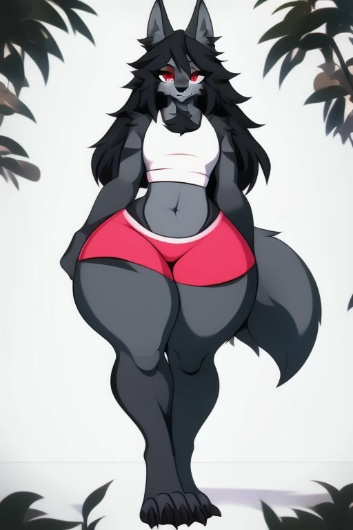 Curvy and voluptuous werewolf with long hair, gigantic breasts and huge thighs, lightly clothed, tank top,sports shorts