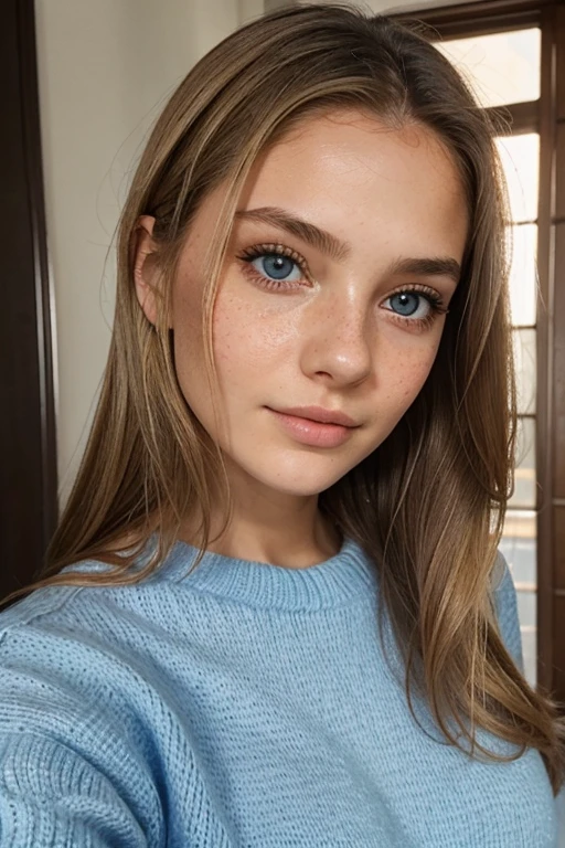 selfie miroir , une fille magnifique de 19 ans , léger sourire , visage et yeux détaillés , éclairage naturel , à la maison , cheveux longs, Les cheveux en désordre, voir à travers le soutien-gorge en dentelle, clivage, grain de film, faible contraste, visage naturel , taches de rousseur , Cheveux blond foncé , yeux bleu foncé, cernes sous les yeux, Sexy, mamelons visibles,