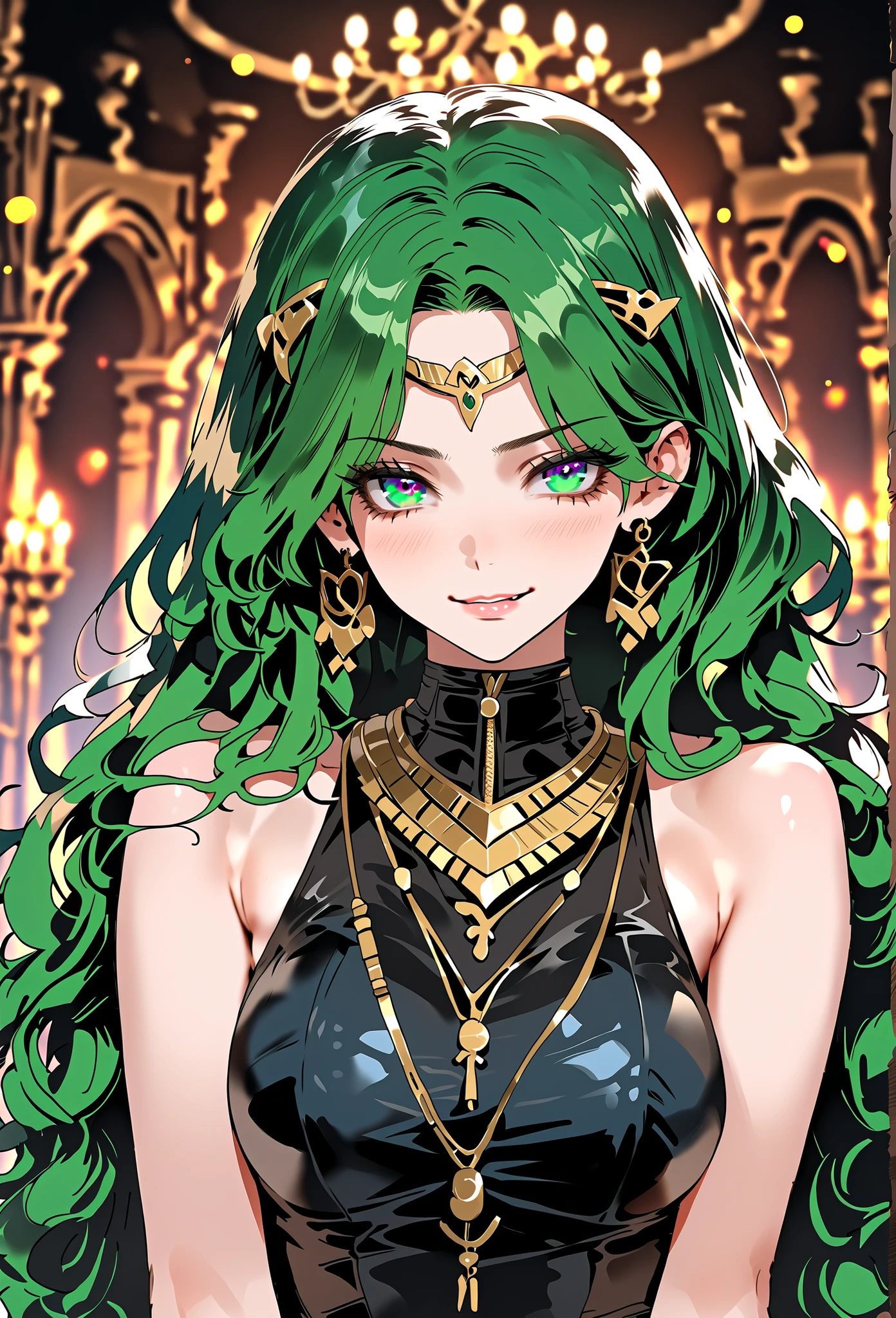 score_9, score_8_up, (masterpiece, top quality, best quality, official art, beautiful and aesthetic:1.2), (8k, best quality, masterpiece:1.2), (((masterpiece))), (((best quality))), (((extremely detailed))), illustration, (masterpiece, top quality, best quality, official art, beautiful and aesthetic:1.2), (8k, best quality, masterpiece:1.2), see-through, source_anime, 1girl, adult, ((green hair)), green hair, ((intimidant look)), ((close-up)), green eyes, black clothes, sexy, dark colors, brillant eyes, ((wavy hair)), perfect hands, ((intimidant look)), good anatomy, ((dark babylon clothes)), emotionless, intimidant, ((beautiful eyes)), close up, ((detailed eyes)), beautiful eyes, ((detailed face)), frontal look, evil smile, detailed face, diadema, full body