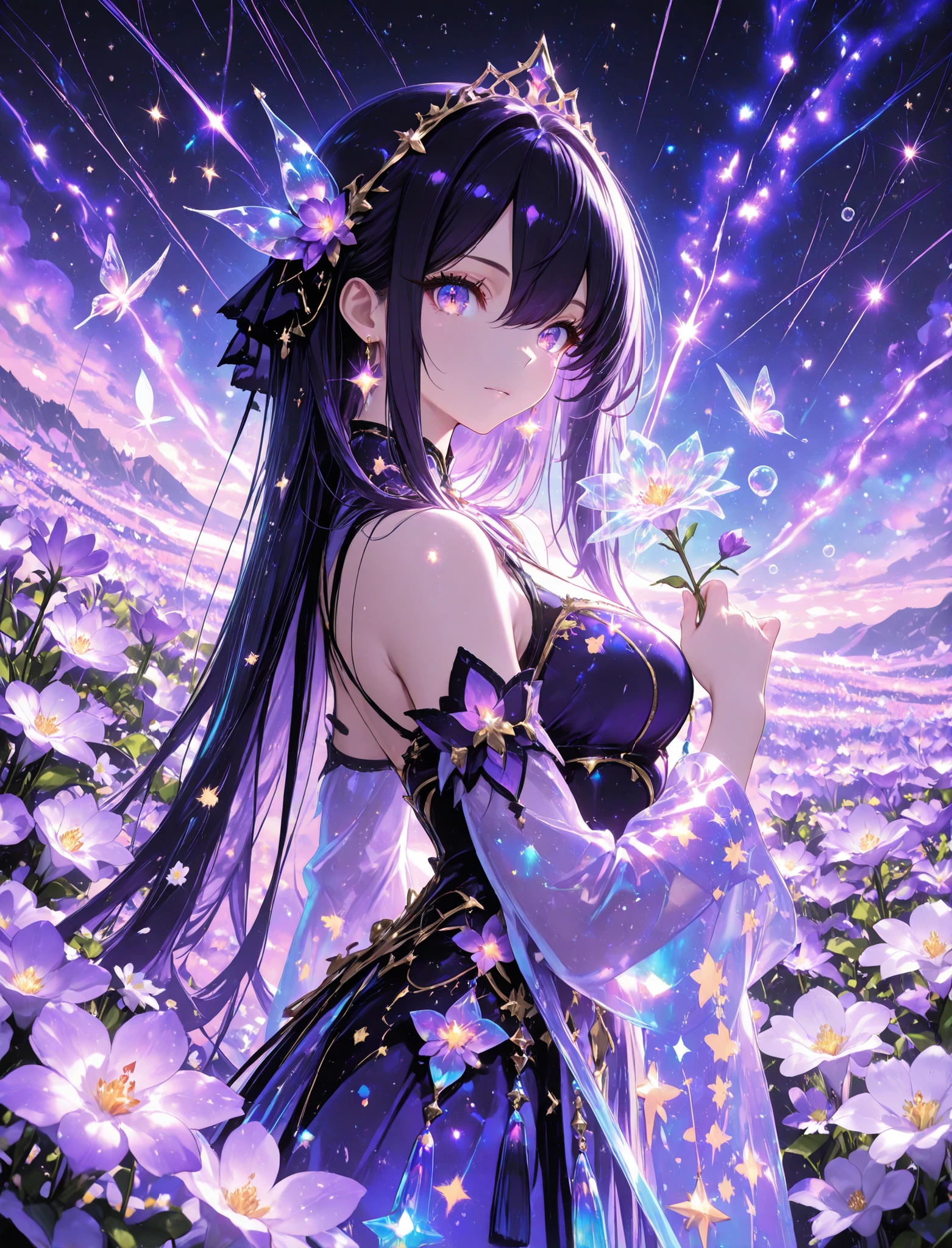 1 woman, sharp purple eyes , multicolored eyes , hair between eyes , long side bangs , black hair with fine purple strands , very long hair , medium breasts , cool, beautiful,
, floating in a sea of stars, long flowing hair shimmering like moonlight, glowing galaxy eyes, wearing an ethereal translucent kimono made of constellations and nebula dust, surrounded by magical butterflies of light, soft ambient glow, bioluminescent particles, star trails swirling around her, peaceful expression, cinematic lighting, dreamy color palette, ultra-detailed face and hair, masterpiece, 8k, artstation, beautiful face, beautiful eyes, beautiful hair, best quality, look at viewers, (floral tiara), ((blooming flowers)), ultra detailed, perfect light, , purple world, misty, bubble, fantasy, transparent jewel, transparent crystal, light, glow, shine, shining, holding flower, dynamic pose, dynamic shot