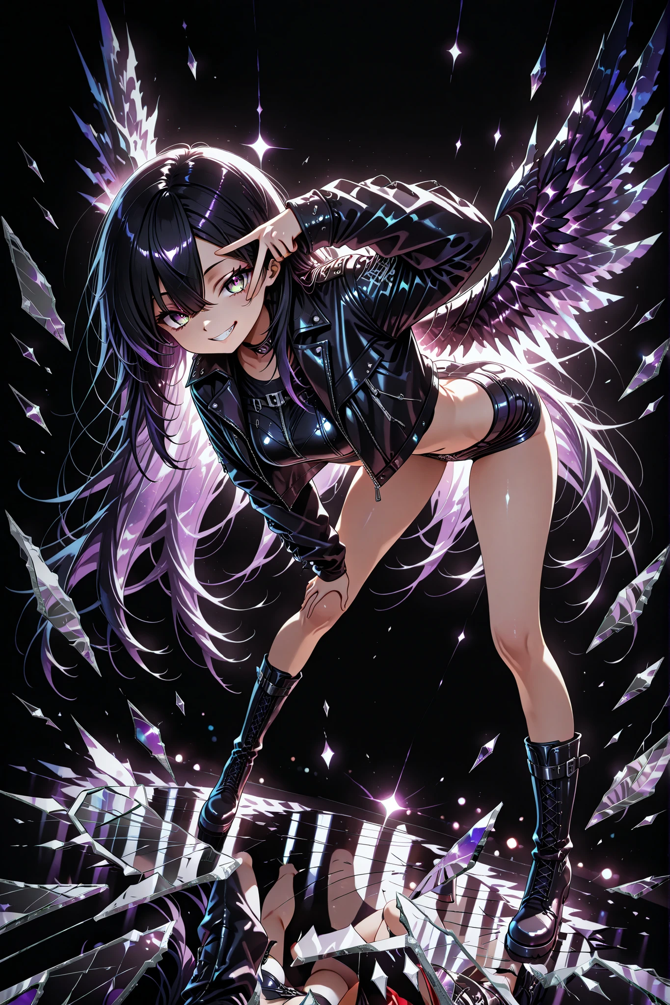1 woman, sharp purple eyes , multicolored eyes , hair between eyes , long side bangs , black hair with fine purple strands , very long hair , medium breasts , cool, beautiful,
, Dark angel, black and red angel wings, bent forward, v , v over eye, one hand on thigh, crop top, punk jacket, open jacket, micro shorts, knee high boots, stockings, cheeky grin, broken glass,dynamic shot, dynamic view, (dynamic angle), (dynamic pose), (glass shards, reflection, broken glass), bokeh, glittering, sparkling, (((black background)))