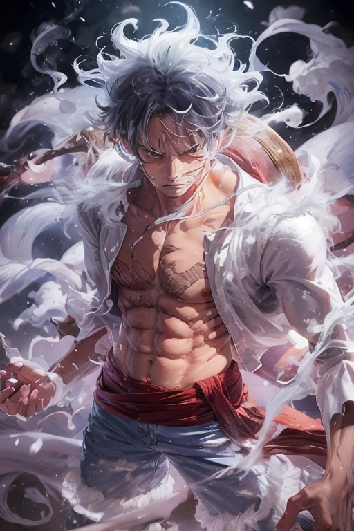 A boy with white hair and red eyes holding a thunder, on the sky