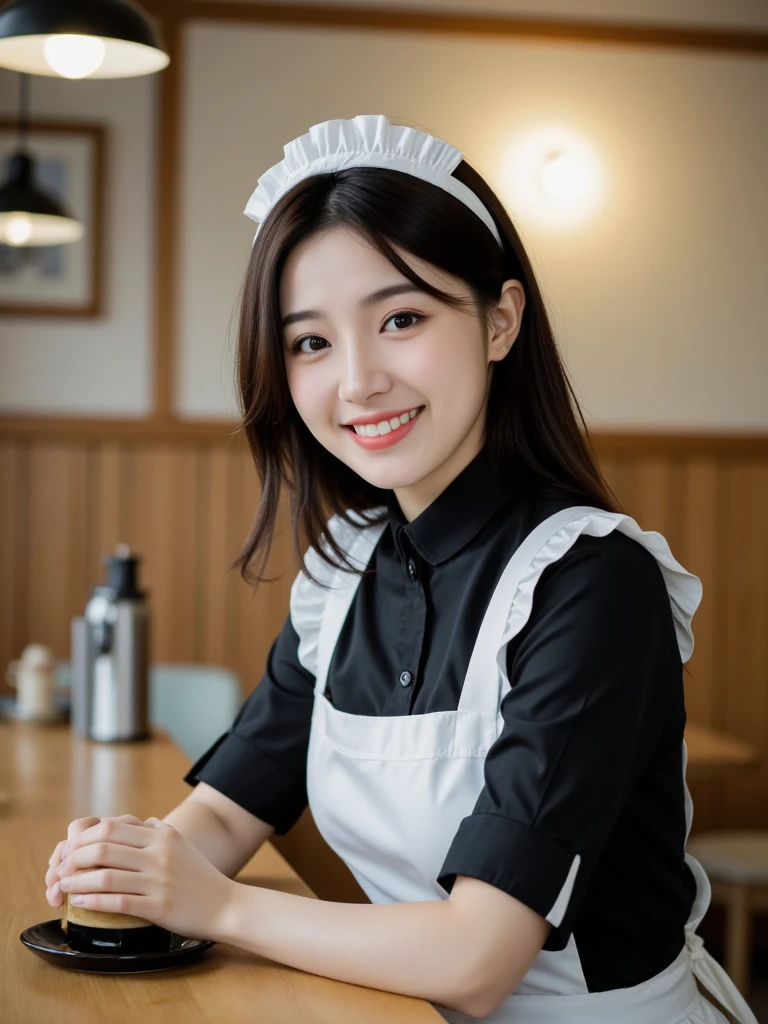 A girl,16 year old,pretty face,sleeveless waitress,(very slim)