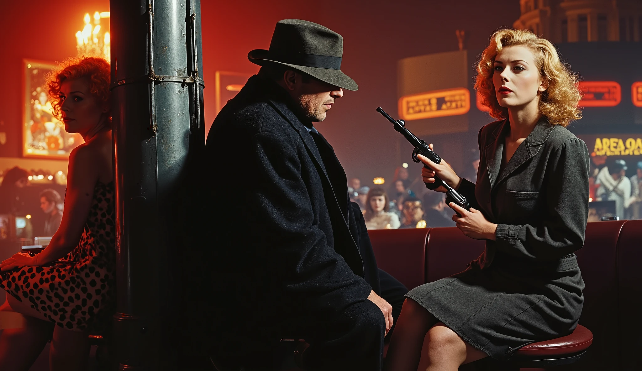 1940S NOIR-STYLE FILM COVER WITH A SLIGHTLY OVERWEIGHT DETECTIVE MAN WEARING A BLACK OVERCOAT AND A DETACHED HAT tucked under a pole with the light making a mockery on his face,  an orange-haired woman with a gun, and a very beautiful blonde woman singing at a cabaret