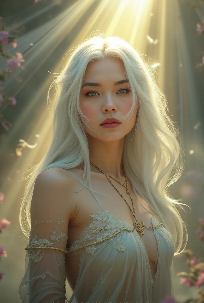 A stunning girl with long white hair, fair skin, and red eyes, in a forest with cinematic film lighting, dark and low-lit. She is wearing a white dress with golden hues, her eyes focused, looking at the viewer. Her skin is fair, her face delicate and flawless, a masterpiece, a work of art of the highest quality. The image is an incredibly detailed 8K CG wallpaper, with artistic cinematic lighting and film-like tones with a neutral filter.