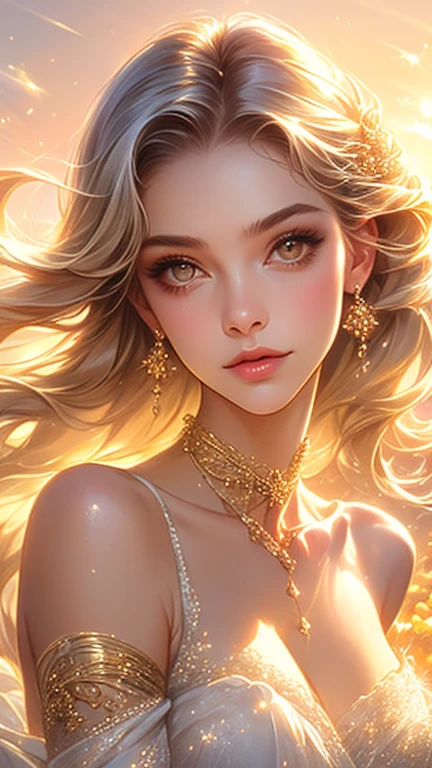 Blonde woman sitting at table in golden white dress, Tokusatsu Heroine, Mysterious Woman,Gemstones and Hoop Crowns,神秘的にShineネックレス,White Cape,Mysteriously sparkling gemstone bangle，He holds a mysterious staff in his left hand.，Soft lighting, Gwaiz, artwork in the style of Gwaiz, ig model | ArtJam, Enchanting anime girl, Anime Girl Cosplay, Gwaiz on pixiv artstation, WLOP and Sakimi-chan, レンジ・ムラタとArtJam，((Cool Color Makeup，Eyebrows are lowered、Whitening effect，Thin and thin eyebrows，Sagging under the eyes，Fleeting Girl，Joyful expression))，とてもSoft lighting，eight-headed body，Shine，Film Grain，According to II，Lens flare，sharpen，Shadows in the movie