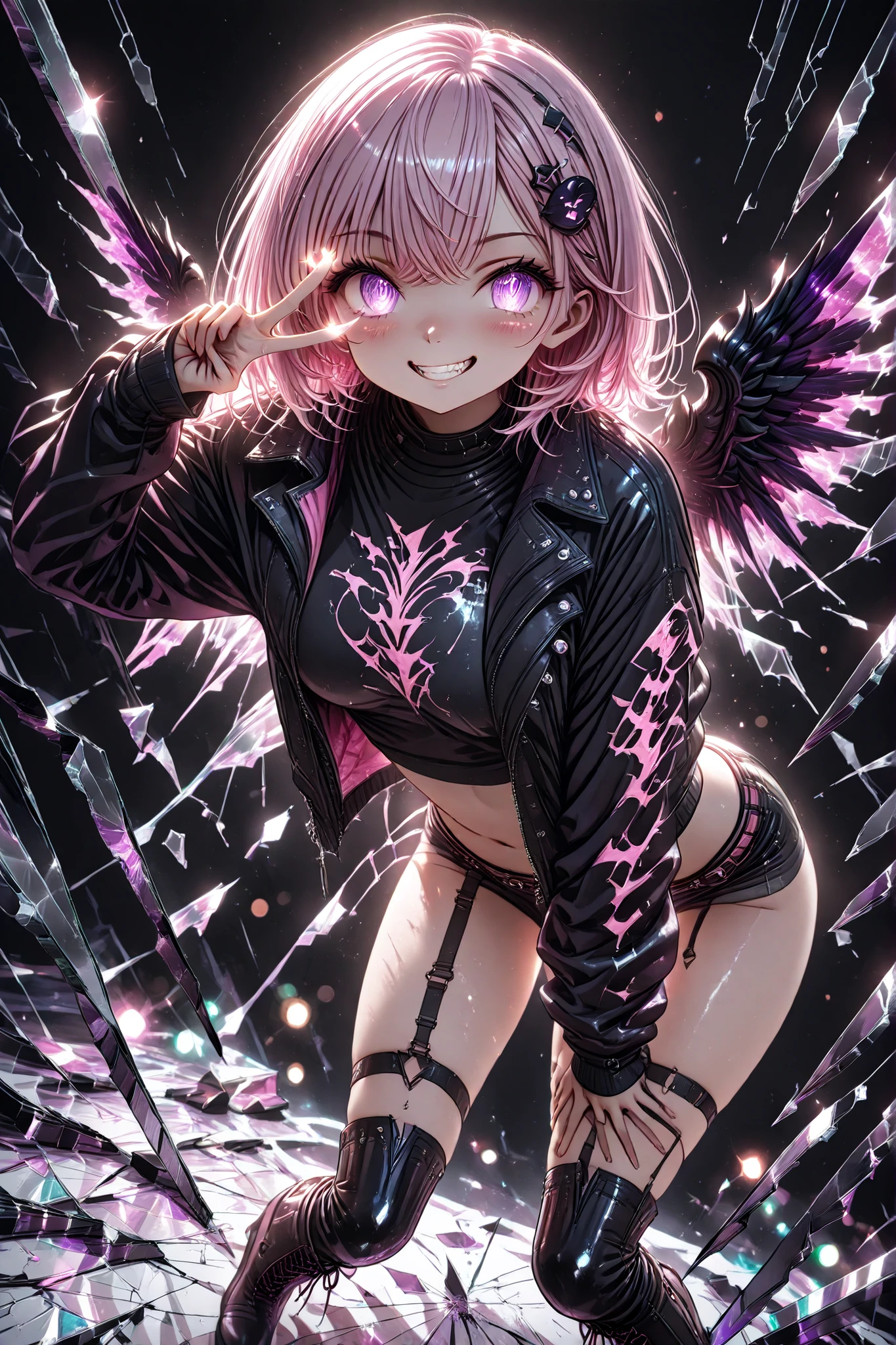 1 girl, violet eyes, light pink hair, short hair, cool, beautiful, medium breast, very cute, lovely, kawaii,
, Dark angel, black and pink angel wings, bent forward, v , v over eye, one hand on thigh, crop top, punk jacket, open jacket, micro shorts, knee high boots, stockings, cheeky grin, broken glass,dynamic shot, dynamic view, (dynamic angle), (dynamic pose), (glass shards, reflection, broken glass), bokeh, glittering, sparkling, (((black background)))