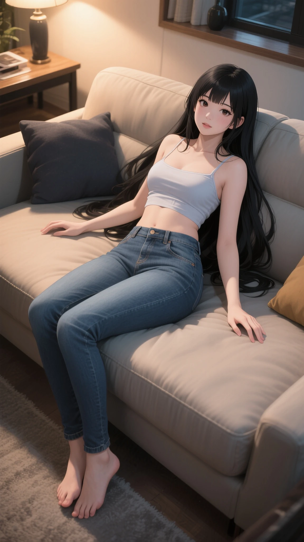 masterpiece, extremery magnificent view, perspective, extremery best quality, extremery detailed CG, 8k wallpaper, high resolution, highly detailed face, highly detailed eyes, perfect anatomy, super detailed skin,
(dynamic angle, dynamic pose:1.2), indoors, bedroom, bed and pillow, (portrait, legs focus, full body), (beautiful face, beautiful eyes, beautiful legs:1.3), looking at viewer, blush,
1 girl, solo, (white blouse, bare shoulder, blue jeans pants:1.3), (skinny jeans:1.3), large breasts, brown hair, long hair, wavy hair, open forehead, (barefoot), blue eyes, (lying on bed), skinny, slender, arms up, (spread legs:1.2), wide hips, thin waist