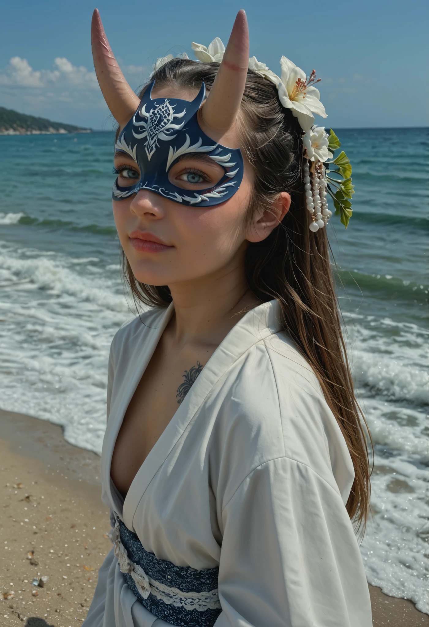 ,masterpiece, best quality, very detailed, score_9, score_8_up, score_7_up, score_6_up, natural white hair color, hair ornament (flower, blue, hair jewelry, pearl, and blue stone), solo, 18 years old, ( solo), outdoor, very , female, bright blue cat eyes, (fluffy cheeks: 0.4), (white lace dress), cute, cel-shading, fca style, beach, night, starry sky, wave, sea, (darkness: 1.5), backlight, (side view: 1.3), (upper body photo), looking back, looking at viewer, face turned 3/4 forward ,
fit body, dragon tattoos, oni horns, (short kimono, oni mask sideways on head, samurai sword), long eyelashes, long hair, small , , cleavage, blushing, beauty, (dragon in background), no panties, cleft of venus,pussy showing