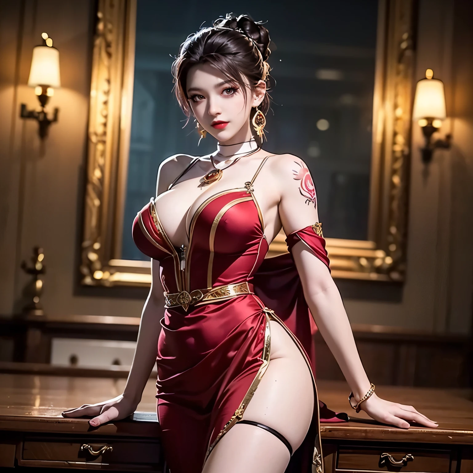 realistic, 1 women, best quality, 12k, Per HD, 1080p, wear Allstars shoes, long hair, big round breasts, cleavage, ponytail, necklace, jewelry, shorts, short jacket, slim hips, hair tie, yellow eyes, black hair, super detailed, Eye details, hair details, person details, mouth details, face details, breast details, clothes details, hair details, pants details, hand details, whole body