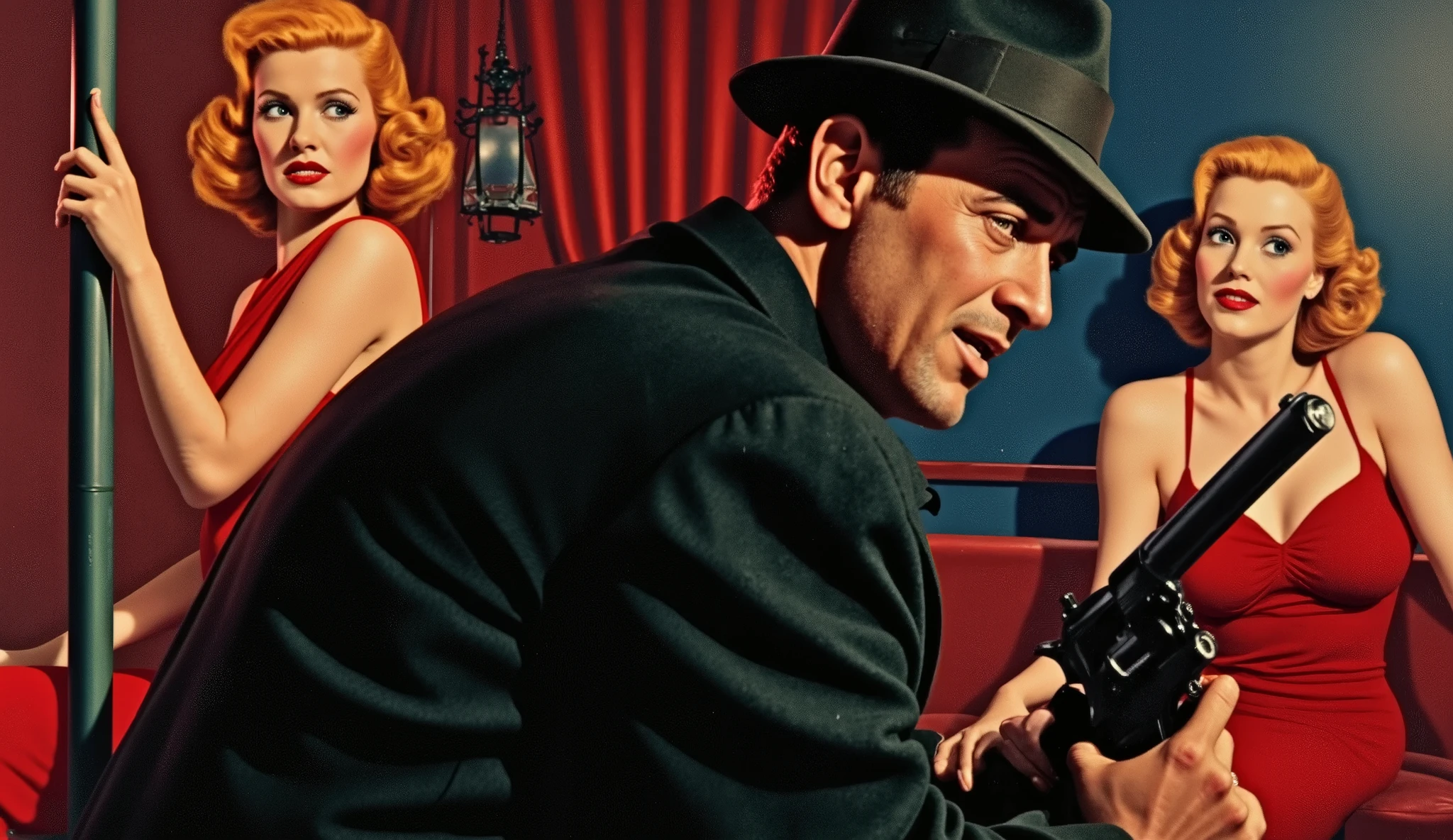 1940S NOIR-STYLE FILM COVER WITH A SLIGHTLY OVERWEIGHT DETECTIVE MAN WEARING A BLACK OVERCOAT AND A DETACHED HAT tucked under a pole with the light making a mockery on his face, an orange-haired woman with a gun, and a very beautiful blonde woman singing at a cabaret