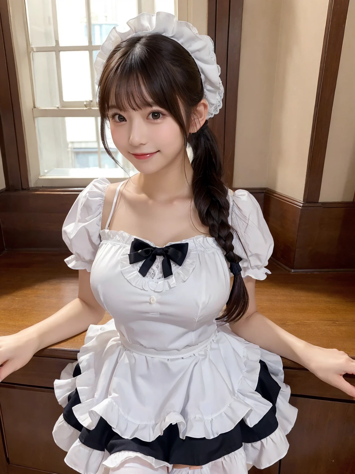 (8k, RAW photo, top quality, masterpiece: 1.2), (realistic, photorealistic: 1.37), ultra detail, ultra high resolution, one girl, beholder, beautiful detailed face, smile, constriction, (slim waist): 1.3), beautiful detailed skin, skin texture, floating hair, professional lighting, Japanese beautiful girl, long hair, bob cut, beautiful hair, 20 years old, attractive breasts, (huge breasts:1.2), beautiful shape breasts, full body from toes to head, standing, Shift gaze away, gaze into the distance, natural color hair, color inner hair, (maid, maid headdress, frill apron:1.4)