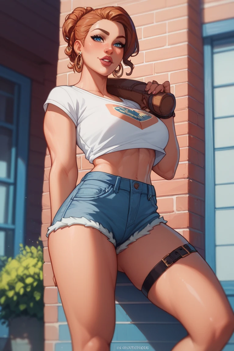 (high quality, best rendering), (beautiful girl), blue eyes, gray hair(bombshell, pin-up style), psychopath, crazy face, sexy pose, jean short shorts, tank top, pastel, centered, scale to fit dimensions, micro thong, micro bikini, camel toe