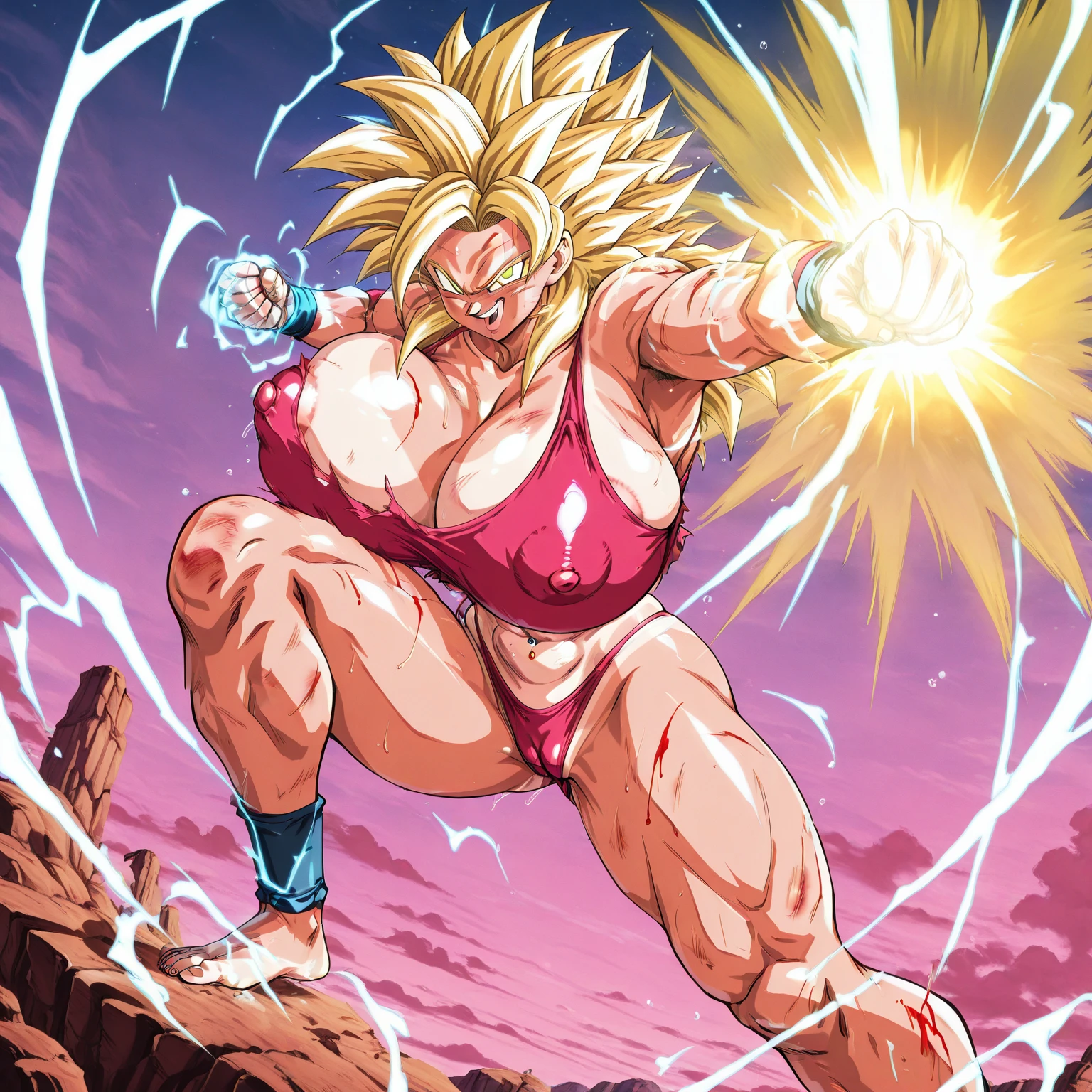 Super Saiyan Kefla unleashes a colossal energy wave that shatters the ground and creates a massive shockwave. He stands on a rocky terrain with a stormy sky in the background. The energy wave is a mix of pink and yellow hues with a swirling pattern. (dark:1.2), (epic:1.3), (chaotic composition:1.2), (metallic:1.1), (gritty texture:1.1), (comic book:1.2), (((3D))), (((realistic))), girl, big tits, green hair, red suite