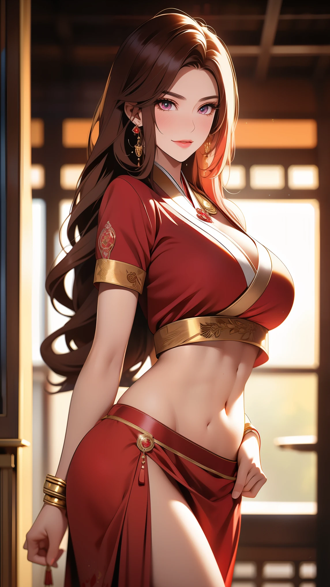 Mai Shiranui, ultra-realistic 8k CG, beautfull woman, divine beauty, long hair, Eyes seductive, make-up, medium breasts, oriental costumes, chanel short dress, legs showing, posing for a professional photograph