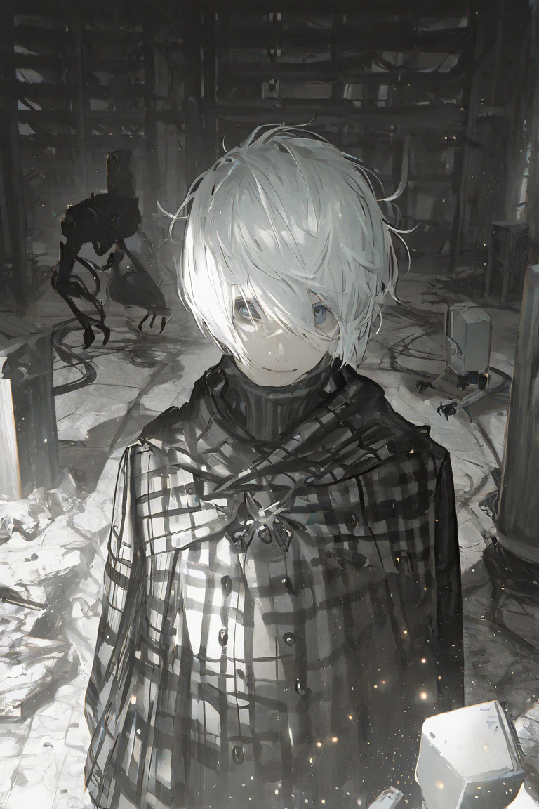 young man ,Male Dark, dark Woods, cold gray colors, man white hair with blue eye, Warlock dnd , Skeleton army in background
