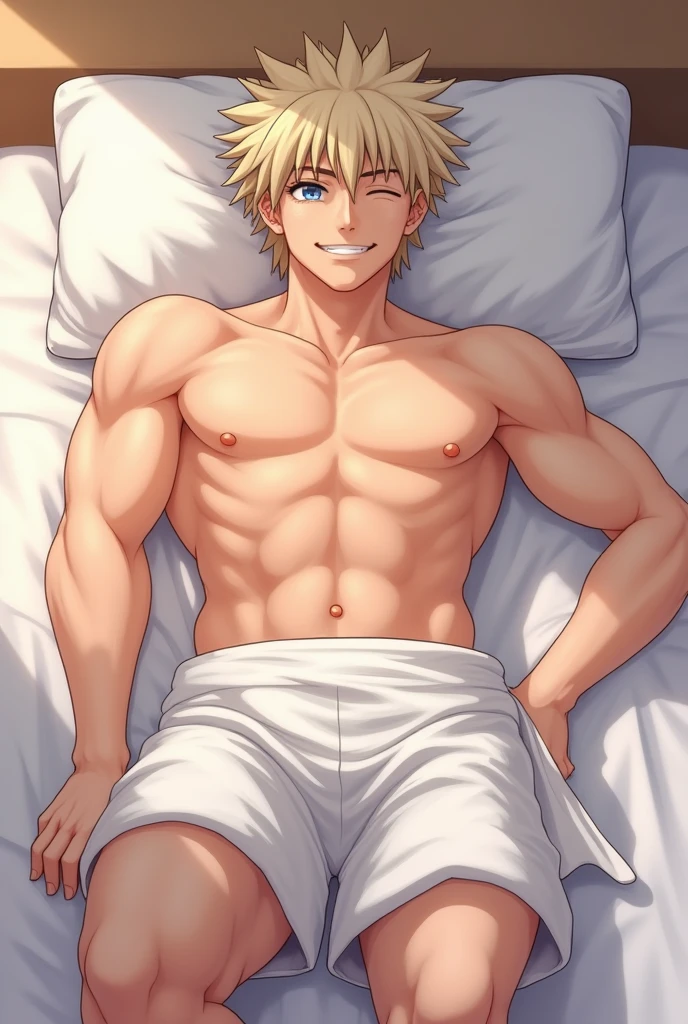 Katsuki Bakugo from Boku No Hero Academia, wearing white triangular underpants, smug smile, bodybuilder, defined body, shirtless, abs, big legs, sexy, sitting in the bed