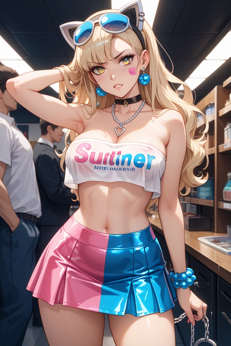 ((1girl in slutty pink latex dress, ))),solo girl, hoop earrings, Puffy lips, Painted lips, thick lips. Blonde hair, short hair , wide hips, thick thighs, Bursting breasts ,evil smile, bimbo,stripclub