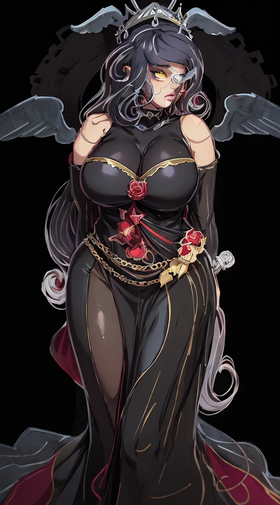 black skin, shy succubus, plump curves, voluptous, red hair, braids, tall, looking down at us, big breasts, gentle smile, black dress, colossal, muscular, huge wings, giant,