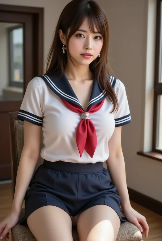 (8k、Raw photography、highest quality、masterpiece:1.2),(black haired、very short hair:1.8),(twin mitsu braid:1.4)、show viewer,Looking at the front,erotic,白いskin,(I am wearing a beige and red school uniform.。.。.:1.7)、()、(Clothing that emphasizes the shape of your chest、publish one'skin:1.8)、(big breasts :1.4)、slim body shape、ultra high resolution,beautiful,beautiful fece,(alone、no background:1.9),whole bodyボディー,japanese woman,(Photoreal:1.37)、photon mapping,reality、(Baby-faced and cute: 1.0)、(cute smile: 1.7)、(With a round face: 1.7)、radio city、Physically based rendering、depth of field rally background、photograph, (I can see your knees,too short skirt、close up of thighs、show white panties:1.5),whole body、super fine