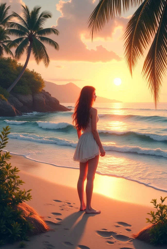 lonely girl watching the sunset on an exotic beach realistic 3D level