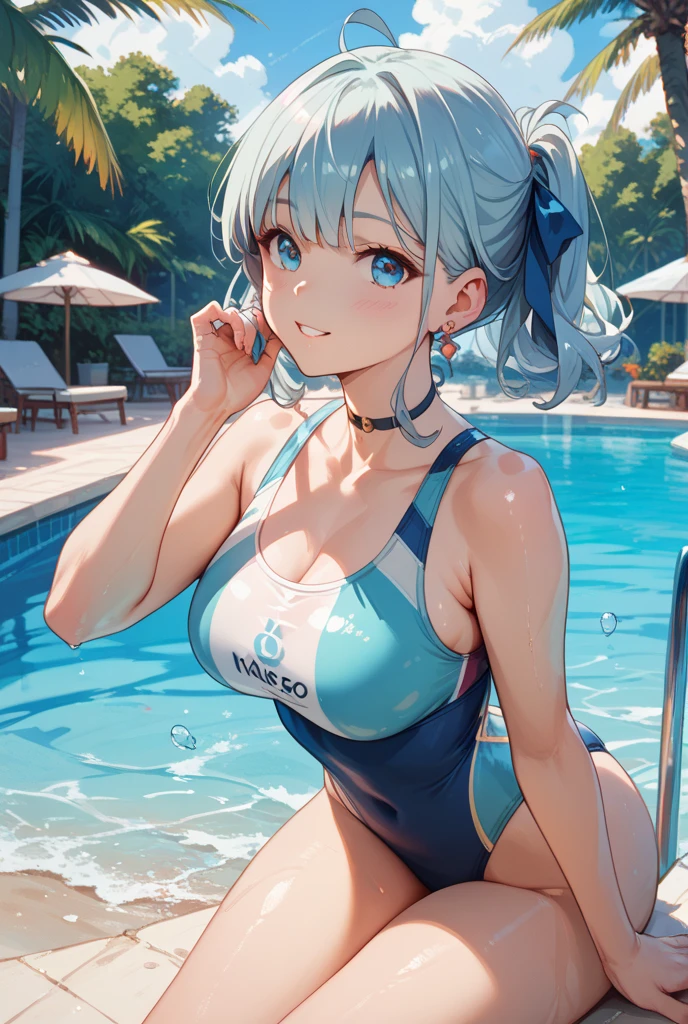 (platinum hair, water hair:1.3), (starly eyes:1.3), (extremely beautiful girl), small nose, sexy lip, large breast, sweat, 
 break
(gorgeous suimsuit:1.3), (mushroom on head:1.3), (tilt own head:1.3), (from side:1.3), (muscular:0.8), (pointing at viewer:1.3), 
 break
(sea side), (poolside:1.2), (river side), 
(landscape:1.2), (very wide view:1.2), (sparkle:1.2),