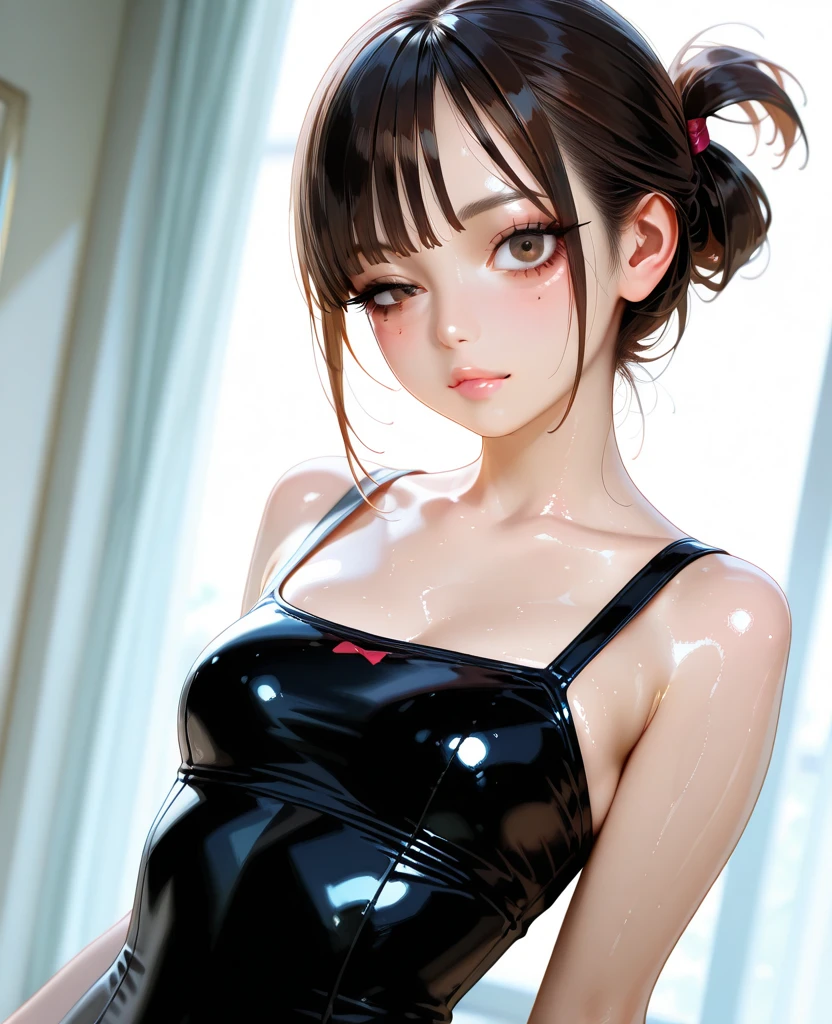 Create an elegant portrait of a young East Asian woman squatting gracefully in front of an ornate wooden door with intricate window designs. She has shoulder-length dark brown hair that is lightly tousled, and she is wearing a chic, tight-fitting black mini dress with long sleeves. She pairs her outfit with shiny silver high heels. Her expression is serene and thoughtful, with a slight gaze towards the camera, adding a hint of allure. The background features a historical wooden door, adding a rich texture and a sense of depth to the composition.