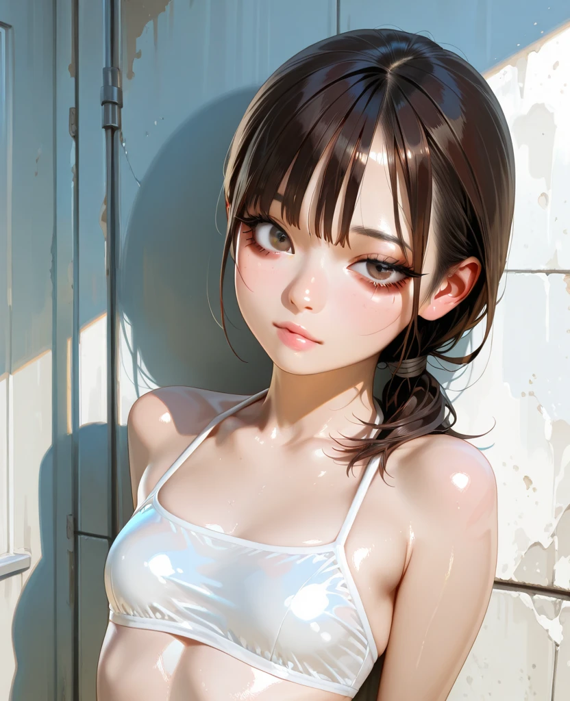 Highest quality, RAW Photos, Realistic, face, Incredibly beautiful girl, cute, length Hair,ponytail,Written boundary depth, High resolution, 超detailed, detailed, Very detaileded, extremely detaileded eye and face, Sharp pupils, Realistic students, Sharp focus, Cinema Lighting, Japanese, Short Woman, Physical build, Short arms, length, Narrow eyes, Fleeting atmosphere, 10 years old, Brown Bob Hair, ((thin唇)), White top and bottom underwear, masterpiece, Highest quality, detailedな肌, detailedなface, fine grain, 8K, Excellent anatomy, Upper body portrait,flat breasts, small breasts, small,( small bust: 1.2), small bust, (slim, small, flat, small), thin, Delicate and sexy collarbone, One Girl, (beautiful girl, Delicate girl:1.3), (10 years old:1.3),