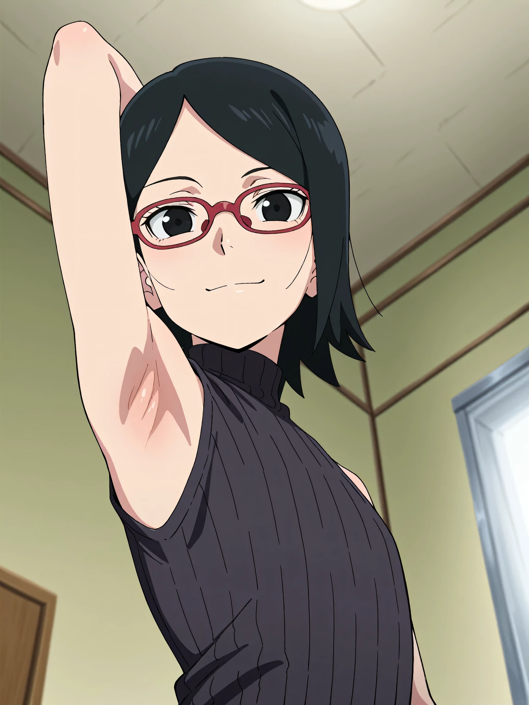 masterpiece, best quality, amazing quality, anime screencap, anime coloring, 1girl, solo, sarada, black eyes, black hair, short hair, glasses, black sweater, sleeveless sweater, ribbed sweater, turtleneck, flat chest, bare shoulders, bare arms, arm behind head, armpit, armpit focus, head towards viewer, looking at viewer, direct eye contact, smile, closed mouth, indoors, from side, from below 