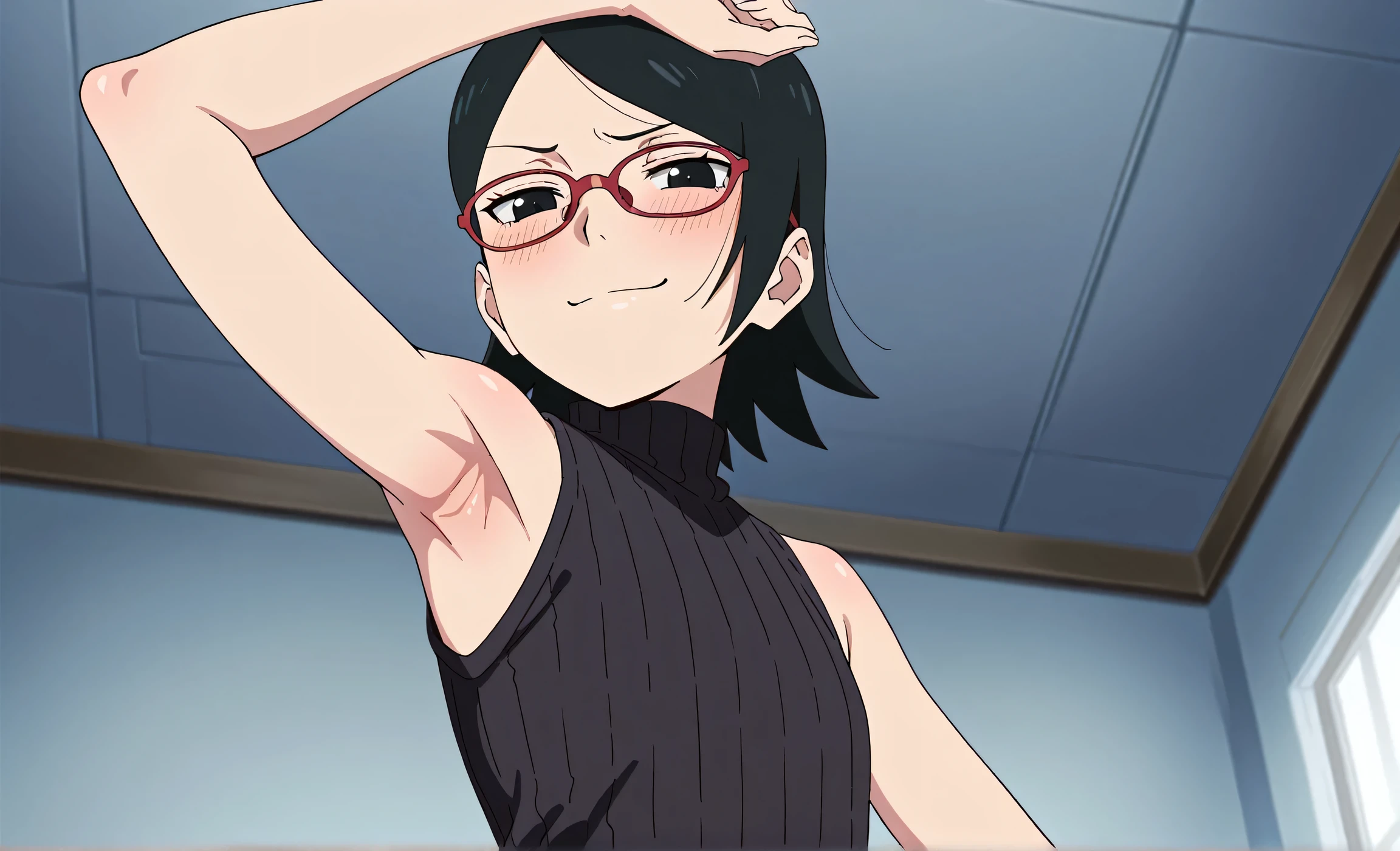 masterpiece, best quality, amazing quality, anime screencap, anime coloring, 1girl, solo, sarada, black eyes, black hair, short hair, glasses, black sweater, sleeveless sweater, ribbed sweater, turtleneck, flat chest, bare shoulders, bare arms, arm up, raised arm, armpit, armpit focus, head towards viewer, looking at viewer, direct eye contact, smile, smug, half-closed eyes, blush, closed mouth, indoors, from side, from below,