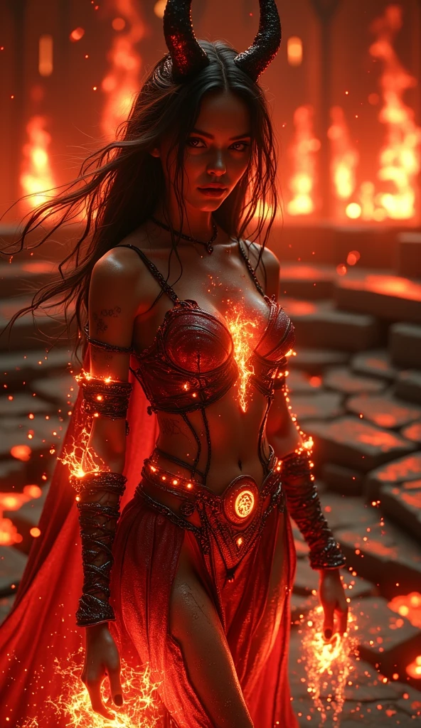 masterpiece, highest quality, dragonlady queen, bright red glowing eyes, detailed eyes (1.4), scars on face, villainous expression, flaming skin body with bioluminescent glowing pattern, ready for battle, blurred stormy background, dark atmosphere, lighting in background,full body,
