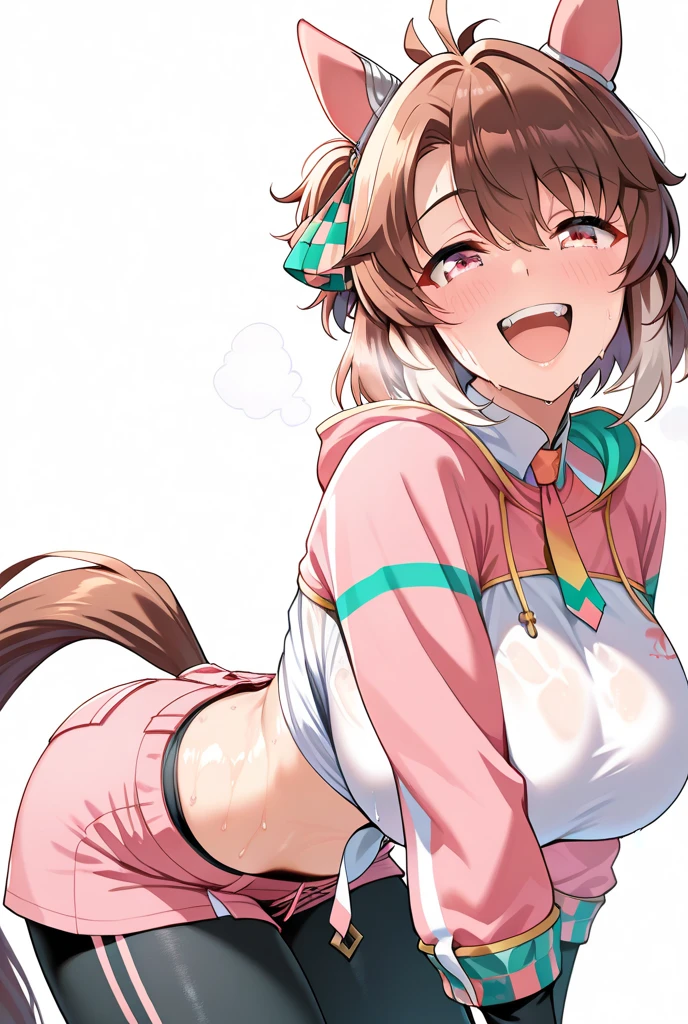 1girl,dantsu_flame\(umamusume\),horse tail,horse ears, (penetration gesture),pink clothes,mini skirt,(ARW,Sit with legs apart,M-shaped legs).squatting,spread legs,knees up,i can see red latex panties,(cameltoe),smile,waving,nsfw,ai-generated,,beautiful eyes,masterpiece,best quality,highres,4k,8k,art by Sincos,Cute,Anime,Artist by sincos