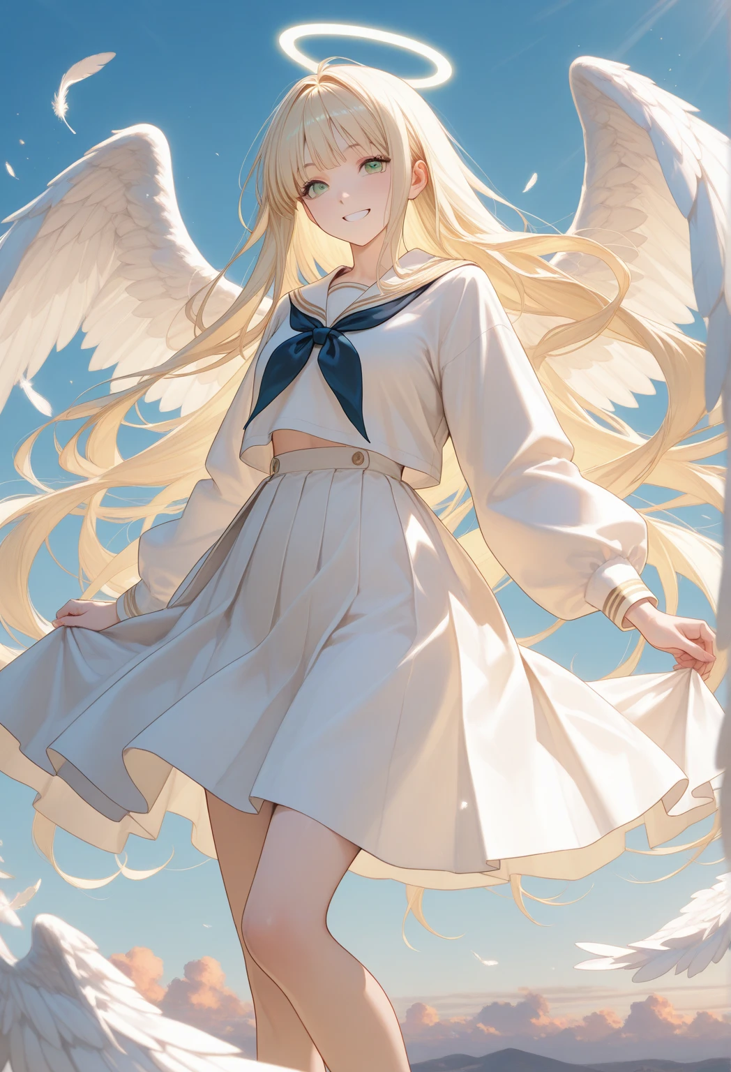 1 girl, cowboy shot, solo, perfect anatomy, standing, spread arms, mami tomoe, masterpiece, best quality, highres, big breast, motherly kind smile, half-opened eyes, happy, (skirt lift, self lift, white panties:1.2), sacred, glitter, sparkle, god ray, tyndall effect, scenery, pov