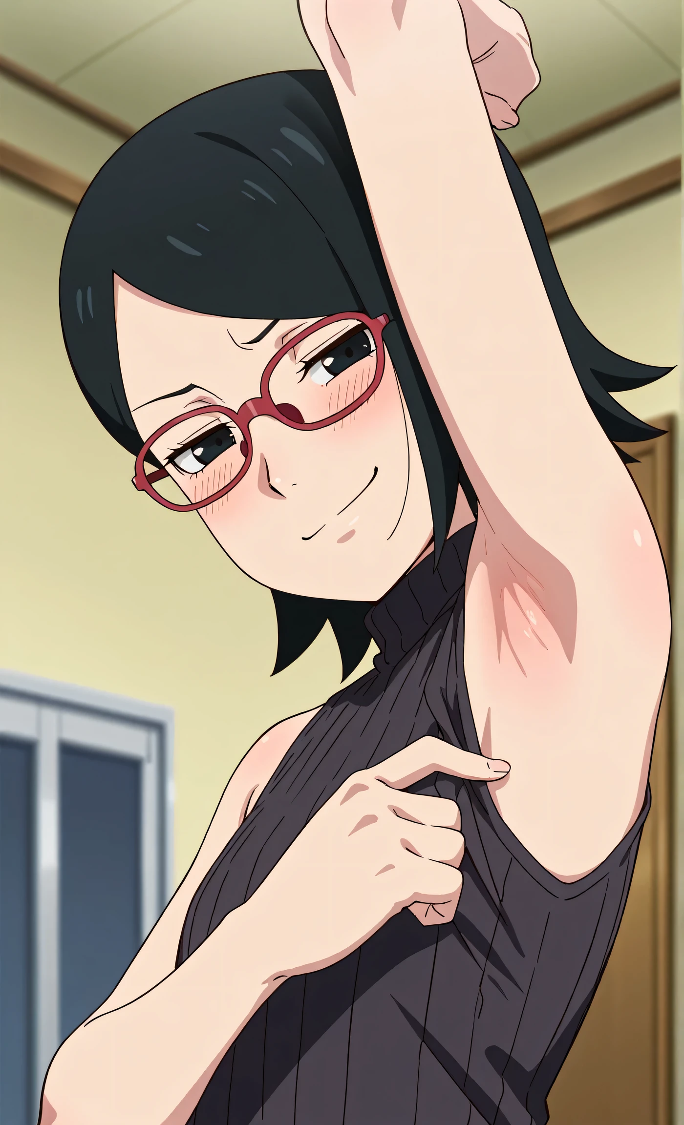 masterpiece, best quality, amazing quality, anime screencap, anime coloring, 1girl, solo, sarada, black eyes, black hair, short hair, glasses, black sweater, sleeveless sweater, ribbed sweater, turtleneck, flat chest, bare shoulders, bare arms, arm up, raised arm, armpit, armpit focus, head towards viewer, looking at viewer, direct eye contact, smile, smug, half-closed eyes, blush, closed mouth, indoors, from side,